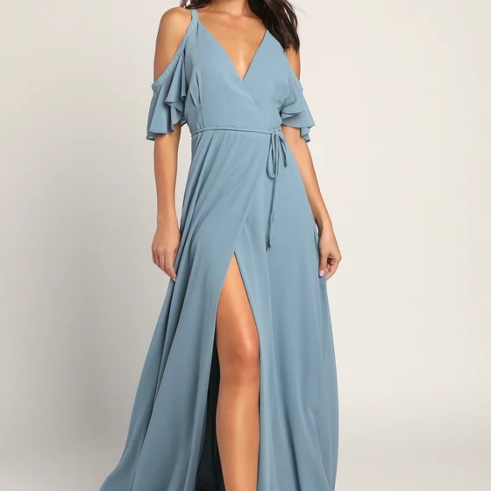 Lulu’s Easy Listening Slate Blue Cold-Shoulder Wrap Maxi Dress Size Large